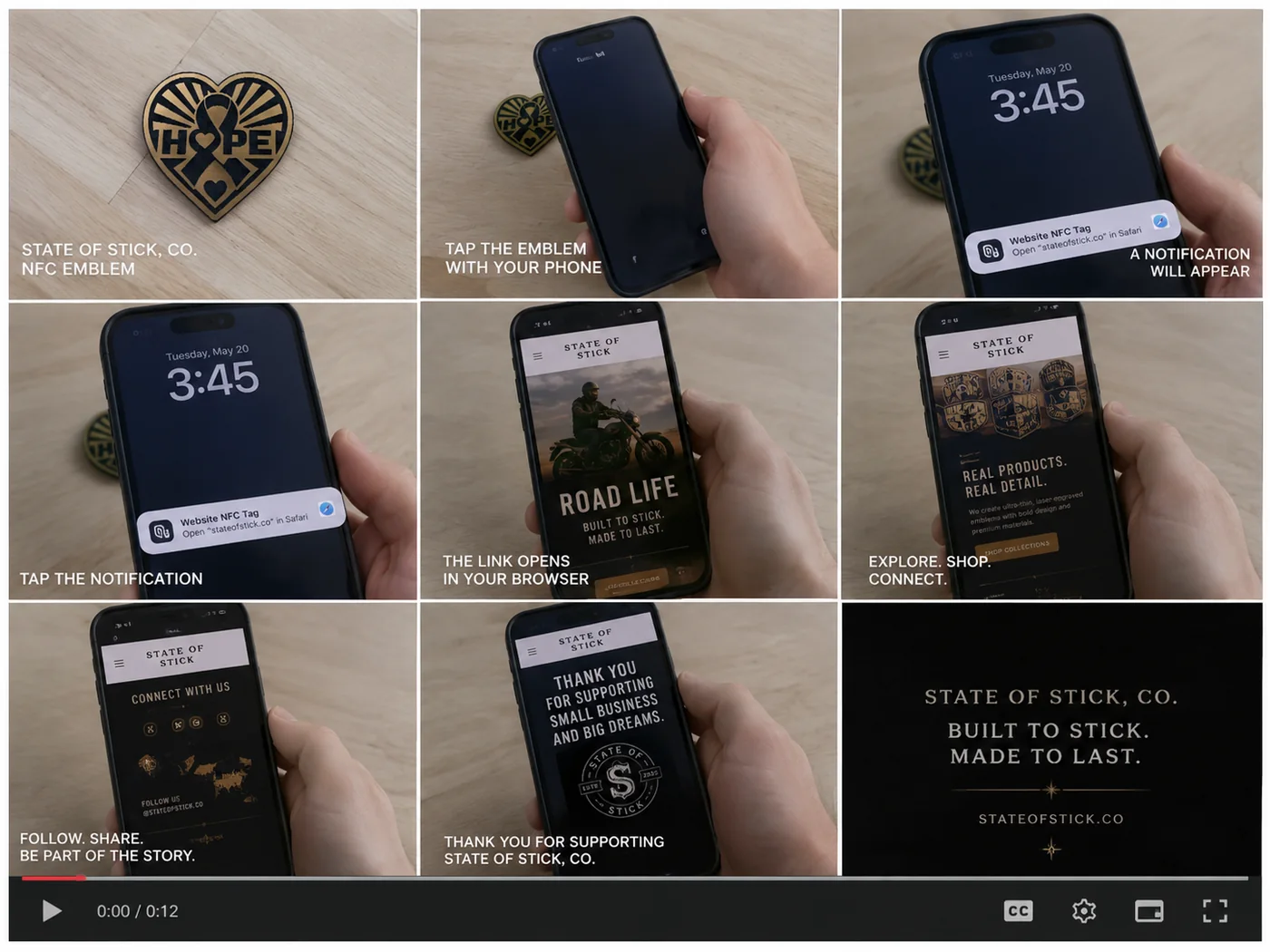 A sequence showing a phone tapping a State of Stick emblem and opening its connected experience