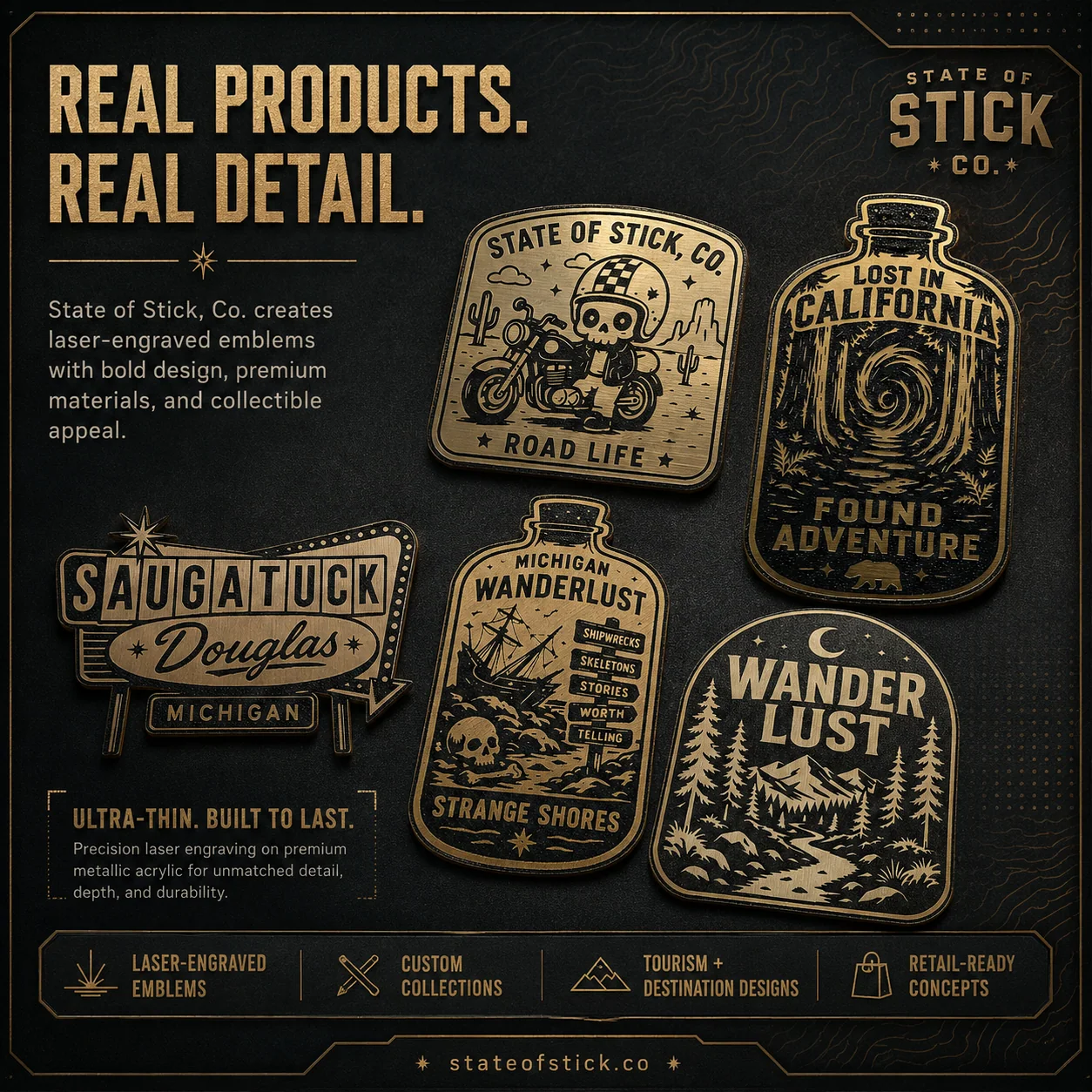 A collection of engraved State of Stick emblems demonstrating physical product detail